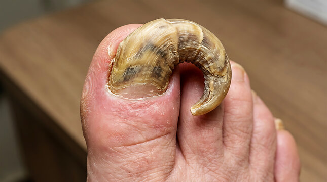 Human toe with severe nail overgrowth and deformity thickened