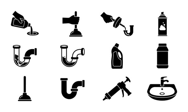 Plumbing Icons Set: Drain Cleaner, Plunger, Pipes, Sealant Gun, Sink, and Cleaning Bottles Vector Graphics for Home Maintenance and Repair