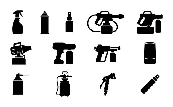 Pest Control Equipment Icons, Disinfection Sprayers, Aerosol Cans, Vector Set for Cleaning and Sanitation Services