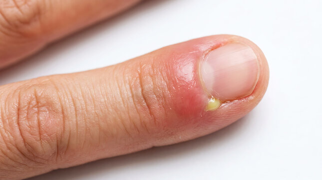 Close-up of finger with paronychia inflammation and yellow nail