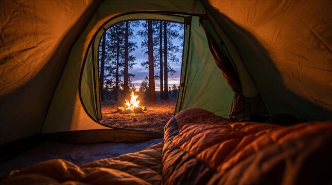 Cozy Camping View Inside Tent Looking Out At Crackling Campfire In Forest At Dusk Twilight Serene Wilderness Landscape Warm Glow Sleeping Bag Adventure Travel Concept Photography Outdoor Vacation