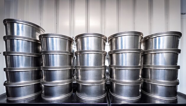 glinting chrome edges of stacked industrial bins dust motes dancing in stark studio light metal precision