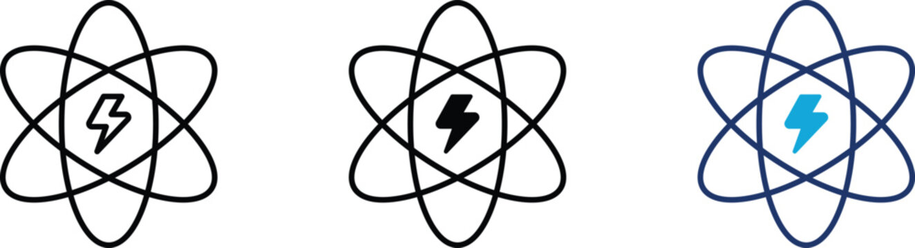 Atomic energy icon set representing nuclear power, science research, physics, and electrical generation. Symbol of atom, lightning bolt, clean energy, technology, and quantum innovation.