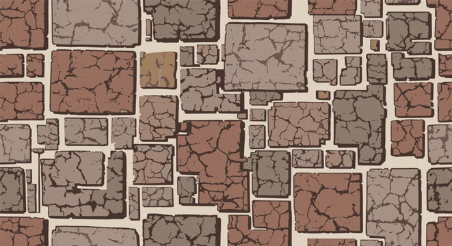 Detailed seamless pattern depicting a stone wall or cobblestone street with textured, cracked earthy brown and grey rectangular blocks.