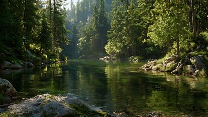 Serene forest lake with calm water and lush pine trees. © Yunus