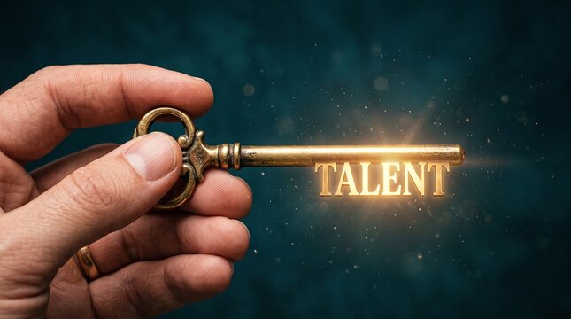 Vintage brass key with glowing talent text, hand holding golden key to success, recruitment and human resources concept for career growth