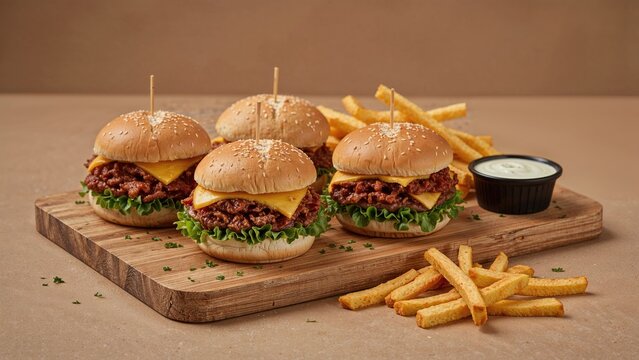 Four mini burgers with lettuce, cheese, and beef patties on a wooden board, accompanied by French fries and a small container of dipping sauce.