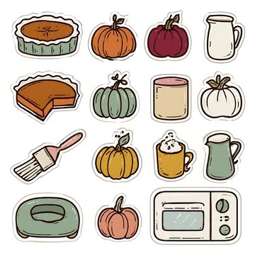 Set of cute hand-drawn autumn harvest and pumpkin pie baking elements stickers.