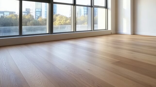 Interior of an empty room with wooden floor and large windows
