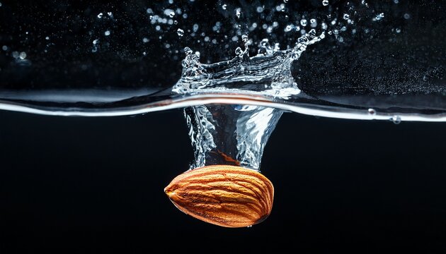 single almond submerged water droplets splashing high speed photography vibrant