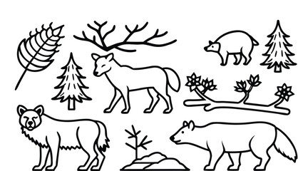 A black-and-white line art illustration featuring a diverse collection of North American woodland animals arranged in a collage style against a plain white background. The subjects include a howling w © Same
