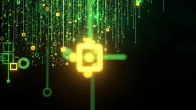 Abstract Digital Data Rain with Glowing Green and Yellow Particles