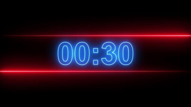 Glowing neon 0 minute to 1 second countdown.Abstract one minute to zero second glowing neon countdown icon animation,countdown,timer,stopwatch animation