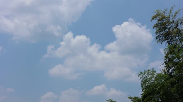 Bright sunny sky with flowing moving clouds captured via smooth time lapse for natural visual footage use