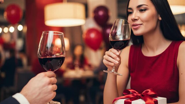 Couple cheers wine glasses during celebration with gifts on table. Warm and festive restaurant atmosphere with colorful decorations. Concept of events, entertainment, dining