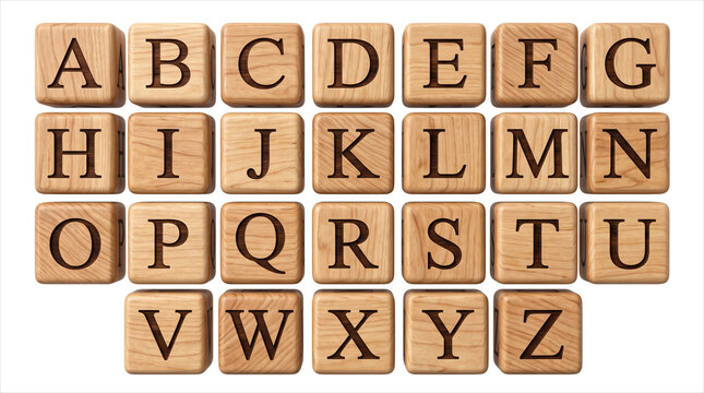 Full set of wooden alphabet blocks from A to Z - ideal for educational resources, language learning materials, and creative design projects
