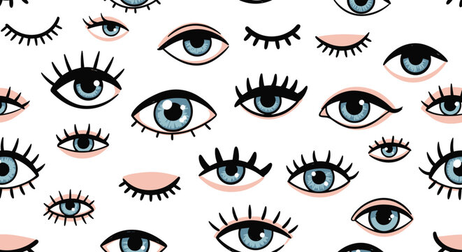 Seamless pattern with cute hand drawn eyes and eyelashes in blue and pink colors on white background for girl.