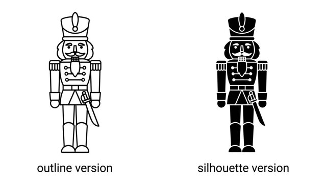 Nutcracker Duo: A classic nutcracker soldier presented in both an outline and silhouette version, embodying a timeless holiday symbol.