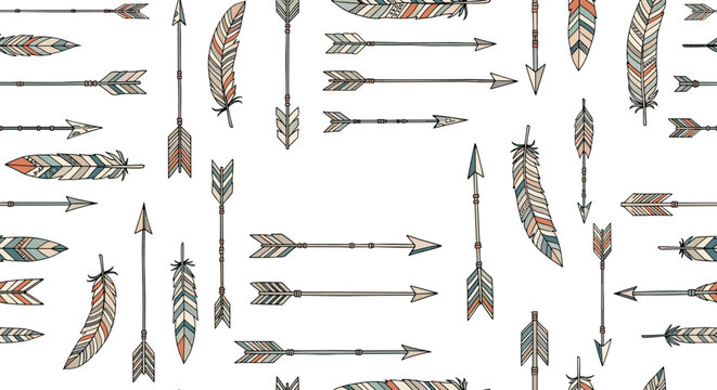 Tribal style seamless pattern with hand drawn native american feather and arrow illustrations on a white background.