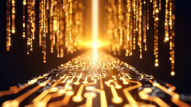 Golden Circuit Board Path with Falling Light Particles