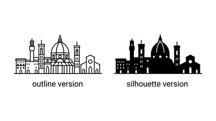 Obraz premium Florence Skyline Icons: Two distinct depictions of the iconic Florence cityscape, one presented as a detailed outline and the other as a bold silhouette, representing Italian architectural grandeur.