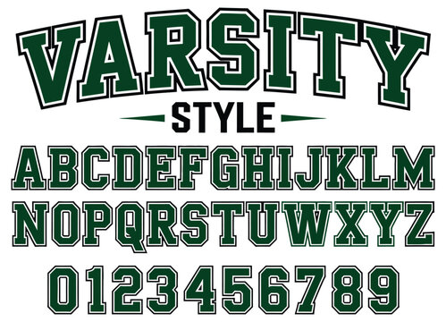 varsity style font alphabet, sports jersey lettering with collegiate number set, athletic typography design elements, vector illustration for team branding, school apparel, and modern sports identity.