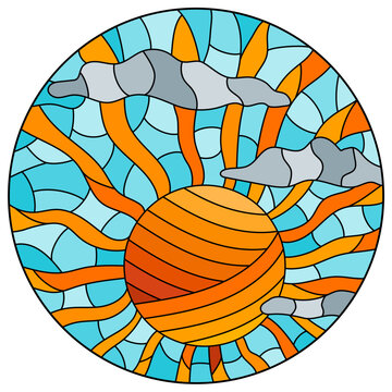 An illustration in the style of a stained glass window with an abstract sky, sun and clouds, oval image
