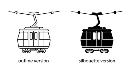 Tram Car Icons: Two stylized representations of a tram car, one in outline and the other as a solid silhouette, ideal for representing public transport systems or urban commuting. © Moja