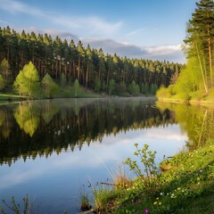 Serene forest landscape with calm lake reflection at sunset. © Yunus