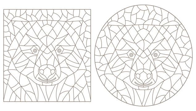 Set of stained glass window decoration with abstract bears' heads