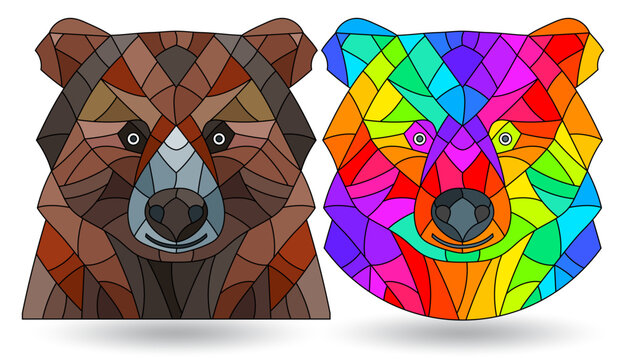 Set of stained glass window decoration with abstract bears' heads
