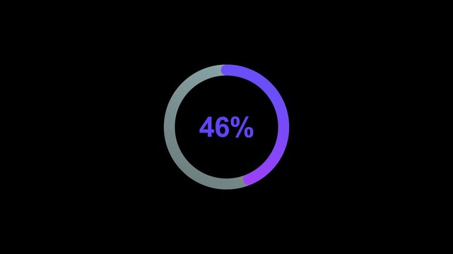 Radial progress bar. Percent indicator. Flat style. Simple UI diagram element on black background. Loading transfer download animation 0-100 in blue effect. 60 fps 3D animation.