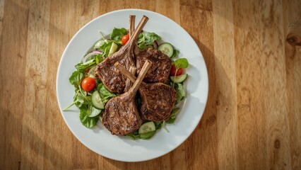 Fototapeta premium Fresh grilled lamb chops served on a white plate with salad greens, cherry tomatoes, and cucumber slices, placed on a wooden table.
