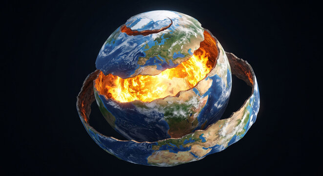 Planet Earth peeling like an orange revealing a glowing molten core