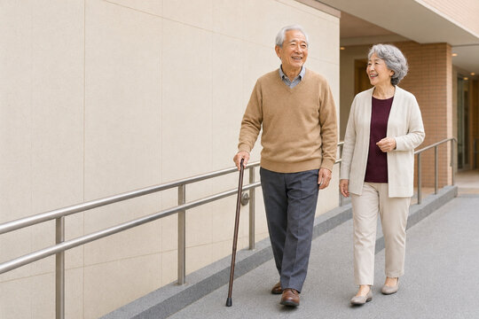 杖を使って公共施設のバリアフリースロープを歩く日本人の高齢夫婦