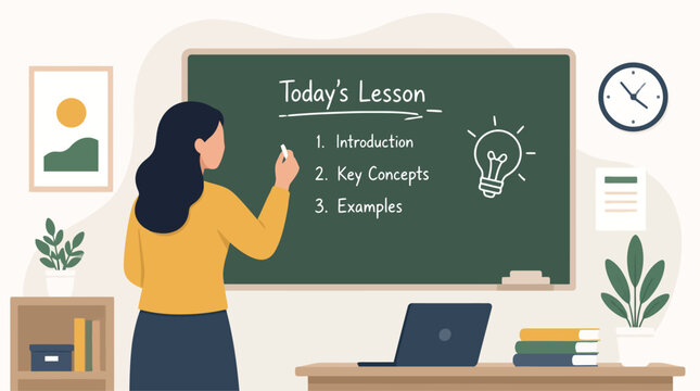 Teacher Writing Todays Lesson Plan on Green Chalkboard.