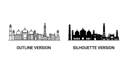 Fototapeta premium Mosque Skyline: A detailed line art and silhouette representation of a mosque skyline, showcasing architectural grandeur and cultural significance in a clear, graphic format.