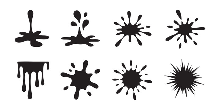 Set of various black ink splashes, drips, and splatters on transparent background. vector art.