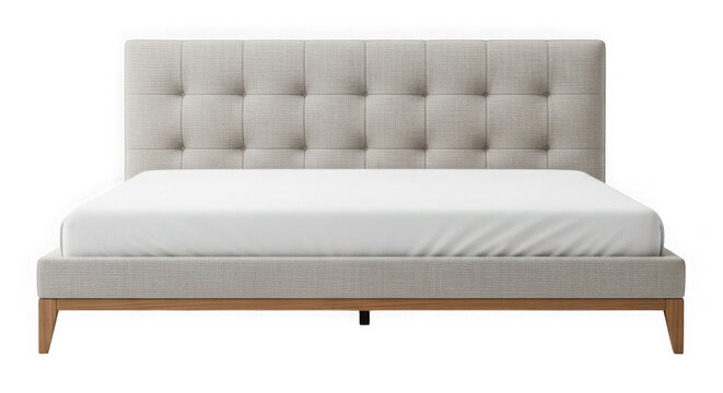 Modern upholstered bed frame with a tufted headboard and wooden legs
