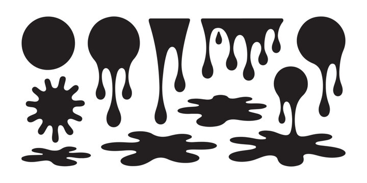 Set of various black ink drips, puddles, and splashes on transparent background. vector graphic.