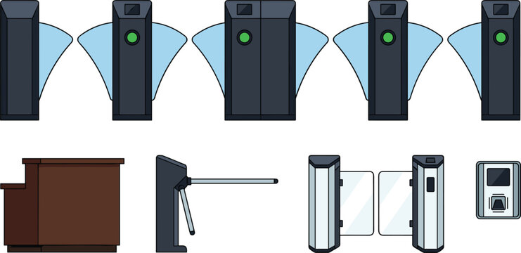 Access Control and Office Entrance Icon Set with Automated Flap Barriers Tripod Turnstile Glass Swing Gates Reception Desk and Card Reader Vector Designs