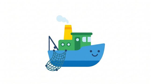 Cute cartoon fishing boat with smiling face vector illustration