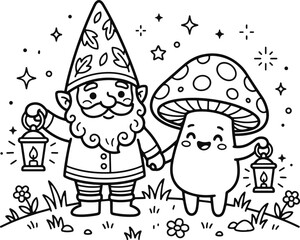 Fototapeta premium Cute garden gnome and happy mushroom character holding lanterns together in a magical forest coloring page for kids