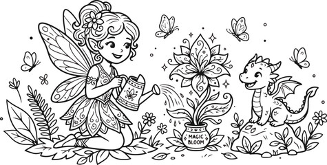 Naklejka premium Cute fairy watering a magical plant with a small baby dragon sitting nearby in a whimsical garden setting