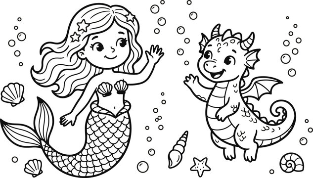 Cute cartoon mermaid and little baby dragon swimming underwater for a fun kids coloring book page illustration