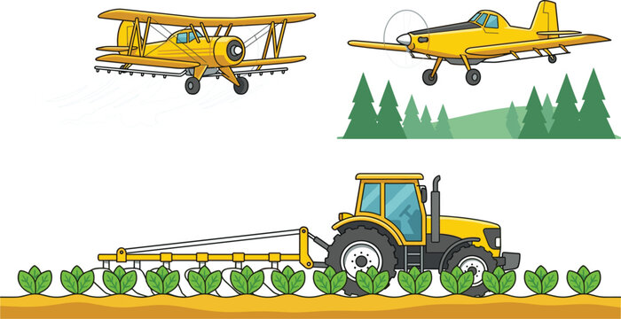 Agricultural Aviation and Farming Machinery Set with Yellow Biplane Crop Duster Monoplane Spraying Fields and Tractor Cultivating Plant Rows Vector Designs