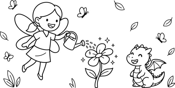 Cute fairy watering a magical flower with a small friendly dragon nearby in a whimsical garden coloring page