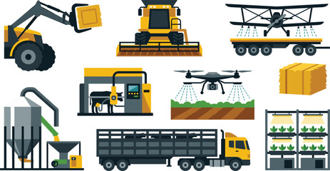 Industrial Smart Agriculture Icon Set with Combine Harvester Loader Biplane Crop Duster Automatic Milking Machine Livestock Truck and Vertical Farming Rack Vectors © MstRakha