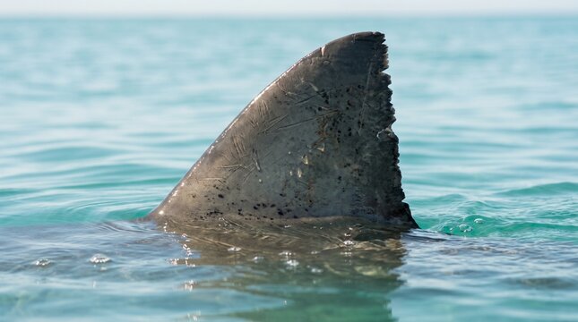 Close up view of a dangerous shark dorsal fin breaking the surface of the calm blue ocean water