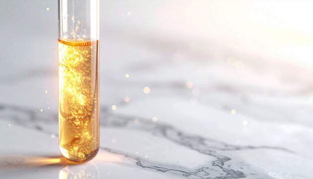 Golden Liquid in Test Tube: A close-up shot of a test tube filled with a shimmering golden liquid, possibly a chemical or cosmetic ingredient.